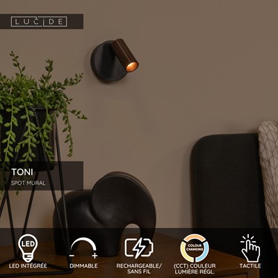 Lucide TONI - Spot mural / Applique mural Rechargeable - Batterie/Piles - Ø 8,1 cm - LED Dim. - CCT - 1x2W 2700K/4000K - Magnétique - Café